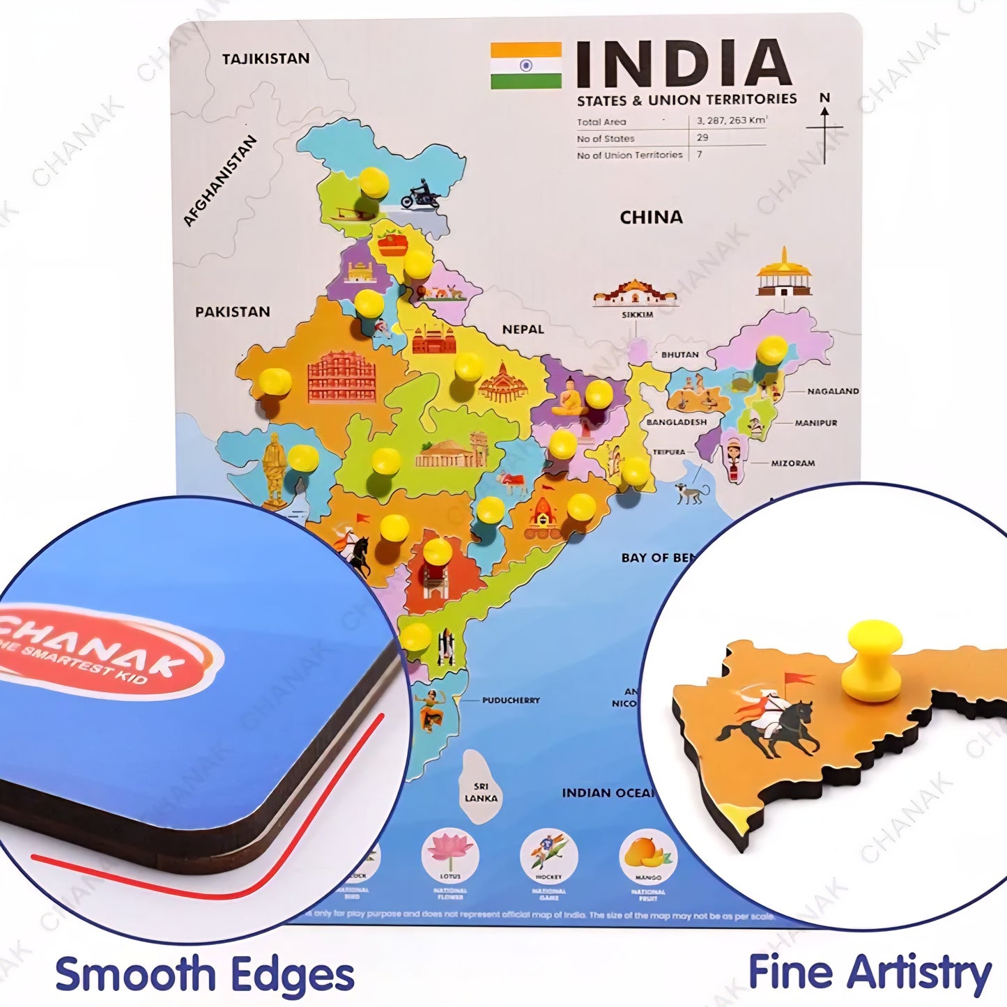 Wooden India Map Puzzle with Picture & States Name Educational Board for Kids, 18 Piece States Map Montessori Learning Puzzle for Toddlers & Preschoolers, Nursery & Kindergarten 2+ Years