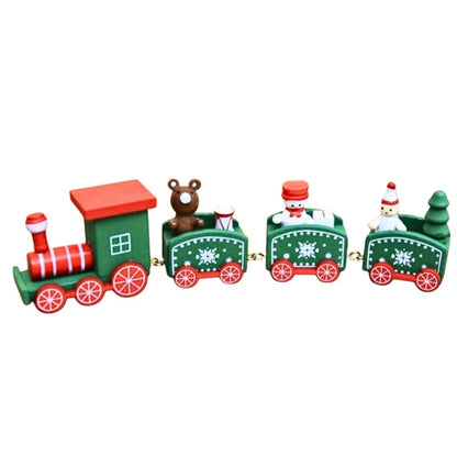 Wooden Christmas Train Set with Snowmen, Holiday Decorative Train, Green and Red, 4 Carriages