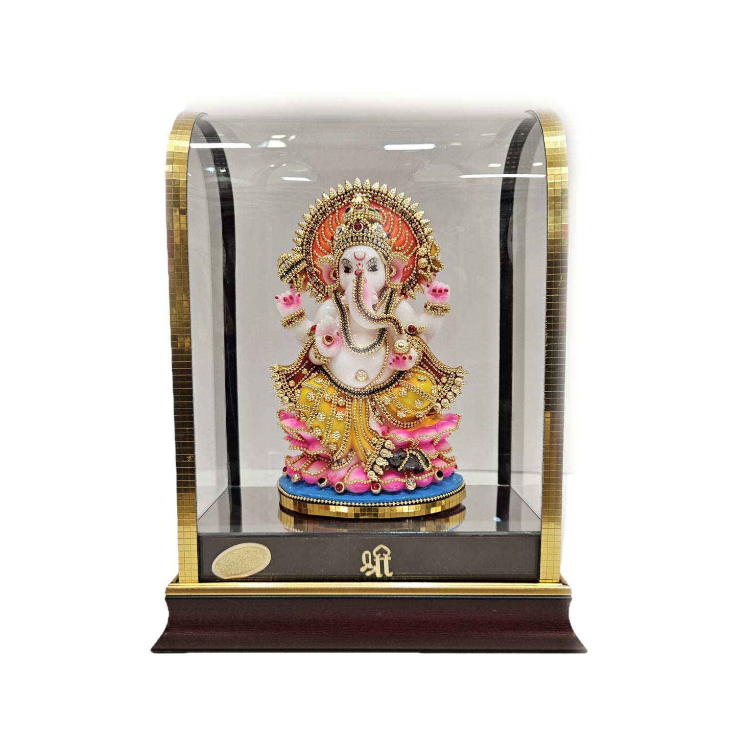 24 carats gold plated vinayaka Idol in transparent protective cabin with attractive decorative stones designed Statue Showpiece