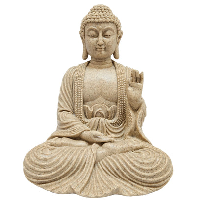 This sand-finished Buddha showpiece is crafted from durable polyresin and features a serene meditation pose