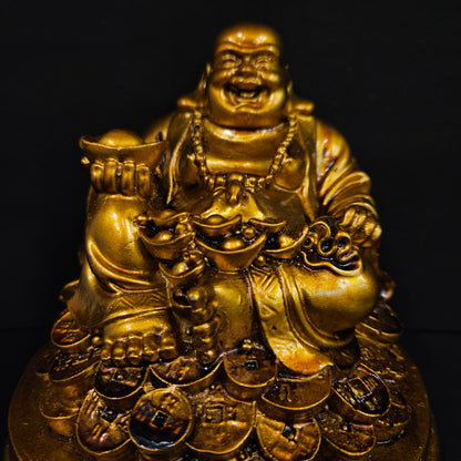 Charming Golden Laughing Buddha Statue – Hand-Painted Resin Figurine for Prosperity, Happiness, and Home Office Living Room Decor for Diwali
