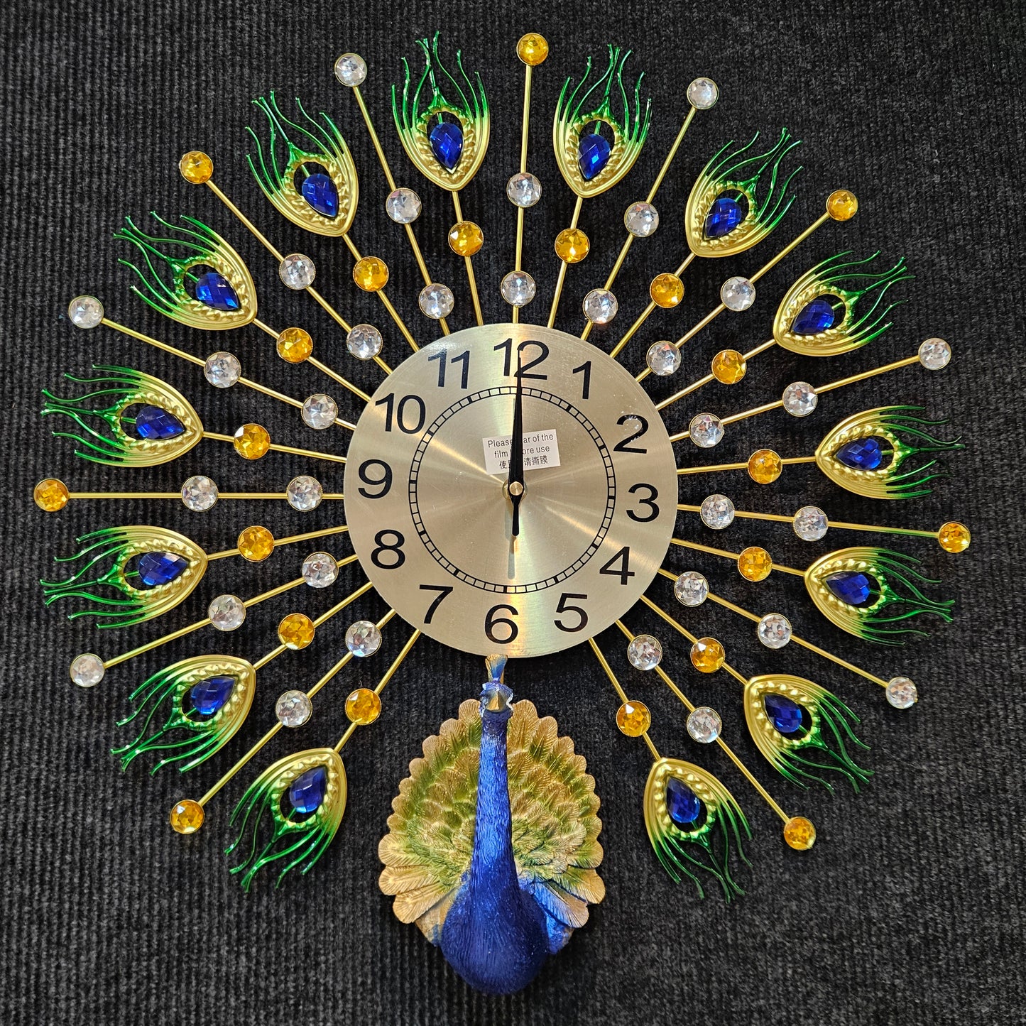 Metal Peacock with Decorative stones Clock for Luxury Farmhouse&houses peacock Theme Analog Wall Clock