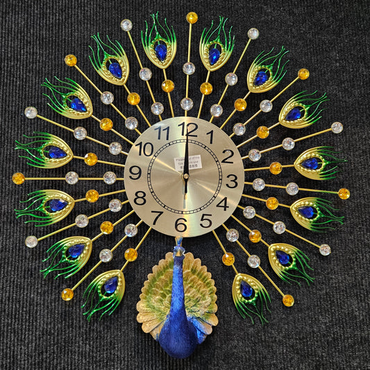 Metal Peacock with Decorative stones Clock for Luxury Farmhouse&houses peacock Theme Analog Wall Clock