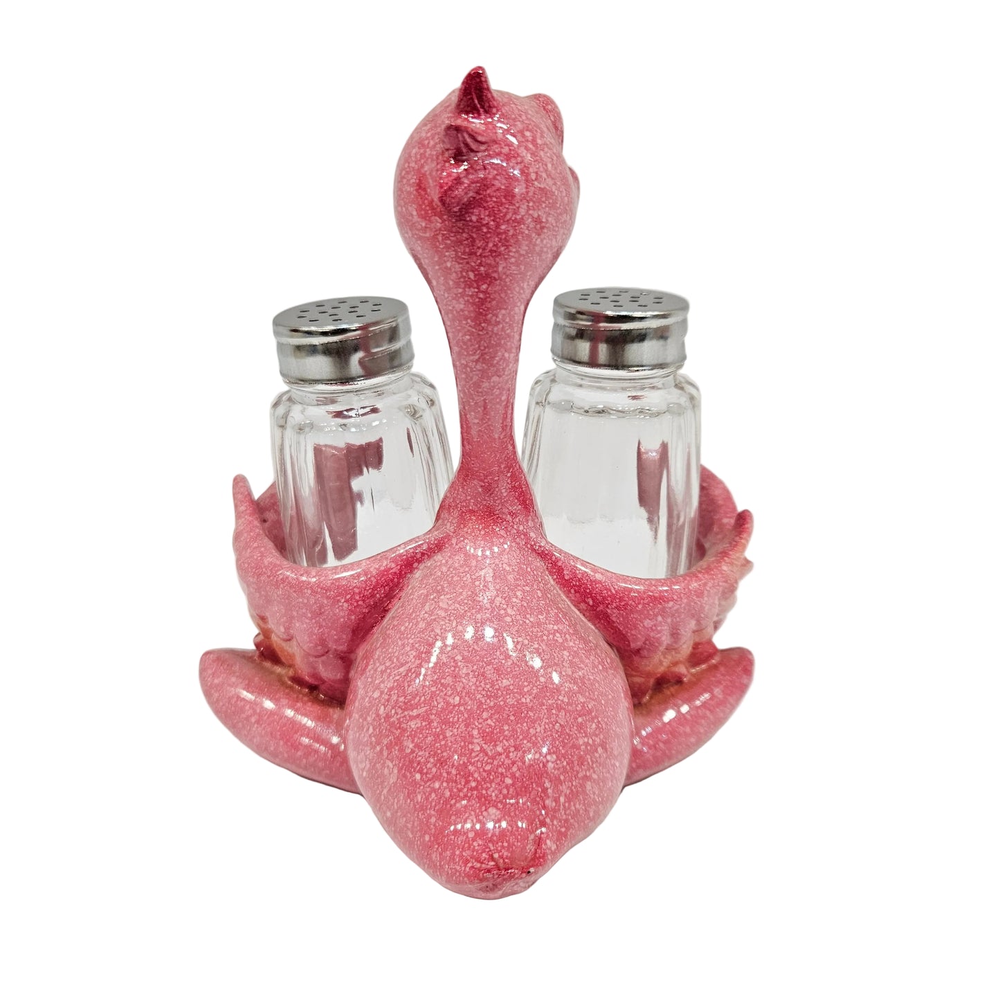 Flamingo set a resin holder holding two glass salt and pepper shakers