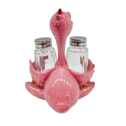 Flamingo set a resin holder holding two glass salt and pepper shakers