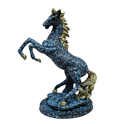 Modern graffiti resin horse sculpture with a black and blue speckled finish and gold accents Showpiece