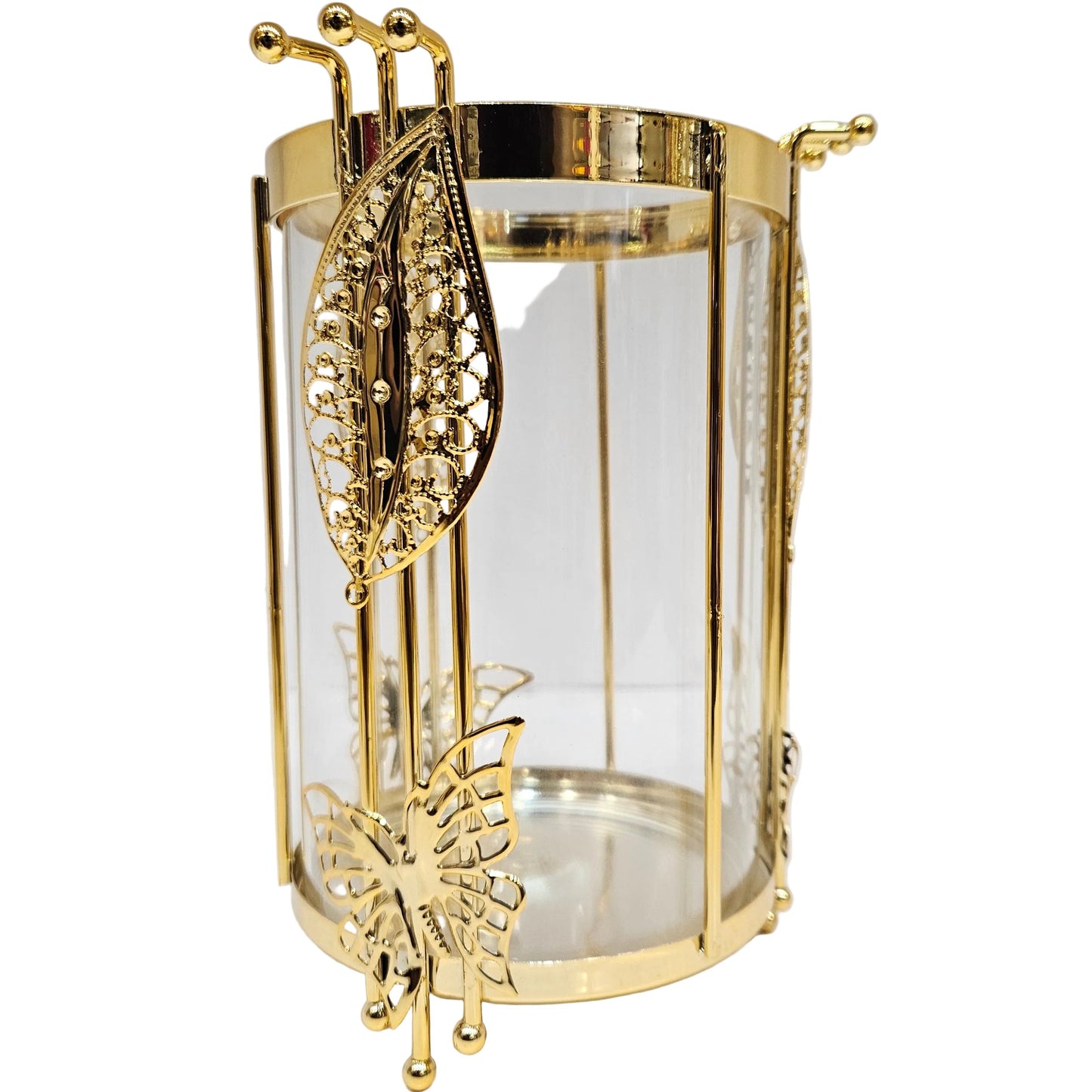 Nordic-style decorative metal and glass cylinder vase, commonly used as a tabletop flower pot or a multi-functional pillar candle holder
