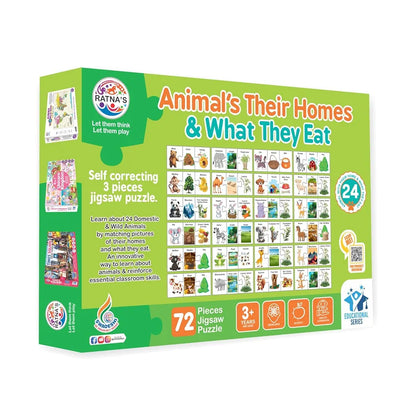 Animals Their Homes and What They Eat 72 Pcs Jigsaw Puzzle for Kids to Learn About 24 Different Animals Their Home & Their Food