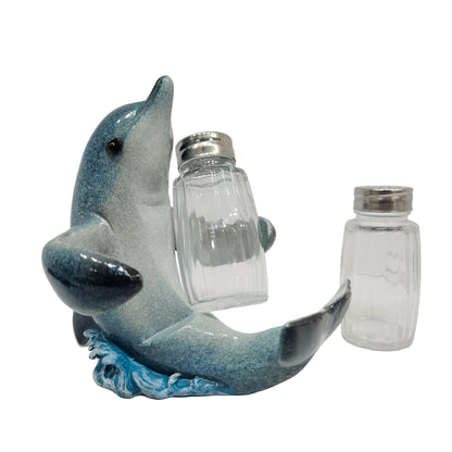 Nautical Ocean Marina Dolphin Rising Above Sea Waves Hugging Salt And Pepper Shakers Holder Figurine Stand For Coastal Beach Marine Wildlife Dolphin Showpiece Figurine