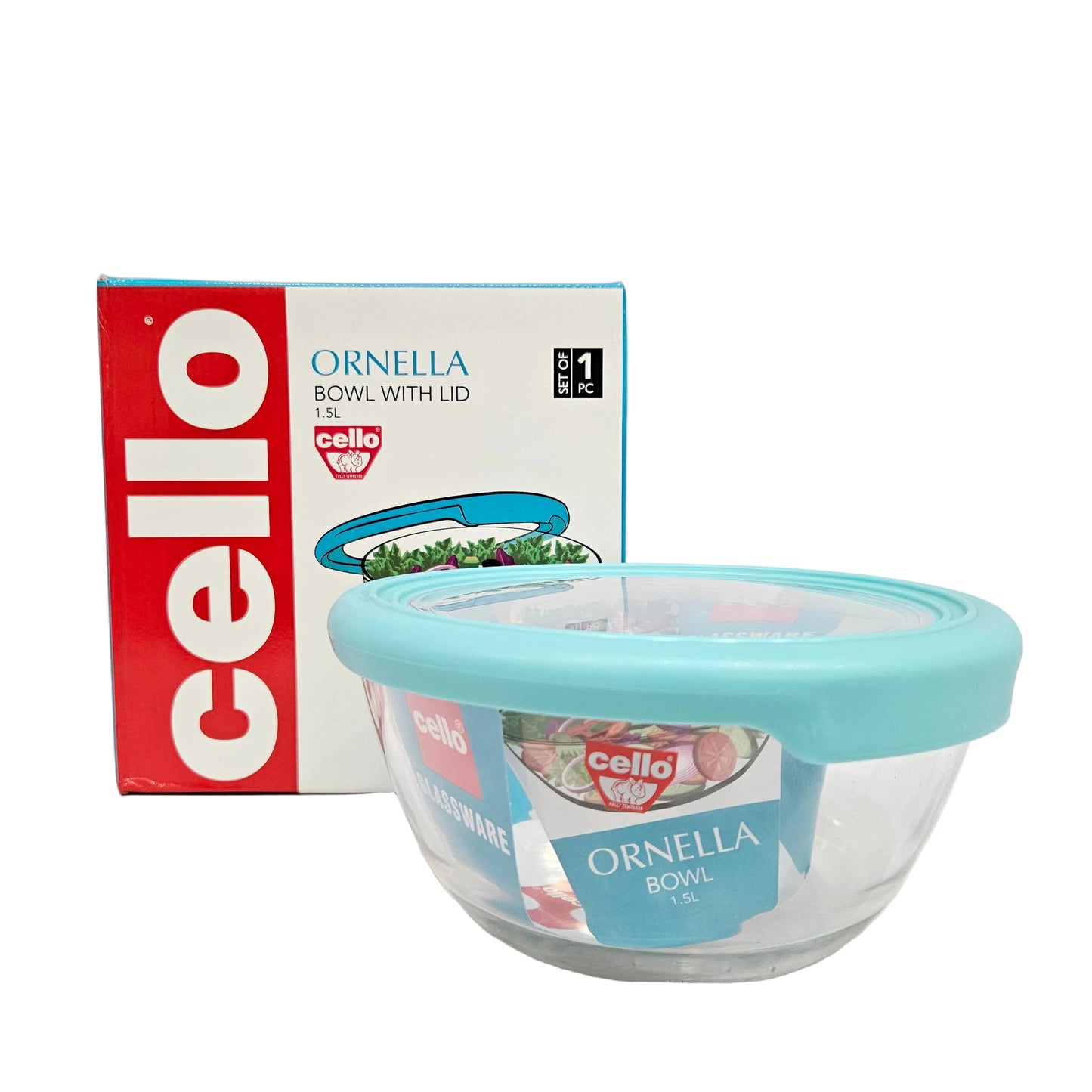 Cello Ornella Glassware Bowl with lid Microwave Safe (Approx:-1.5L)