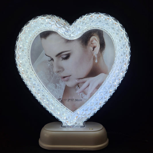 White Heart Shape Crystal Photo Frame with Button Operated for gifting purpose/couple gifting