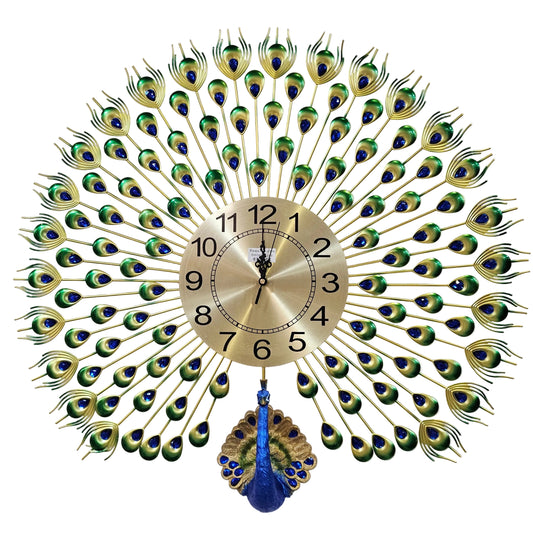 Peacock European Style Luxury Living Room Analog Clock 3D Diamonds Non-Ticking Silent Creative Personality Metal Large Crystal Quartz Art Wall Decorative Clock
