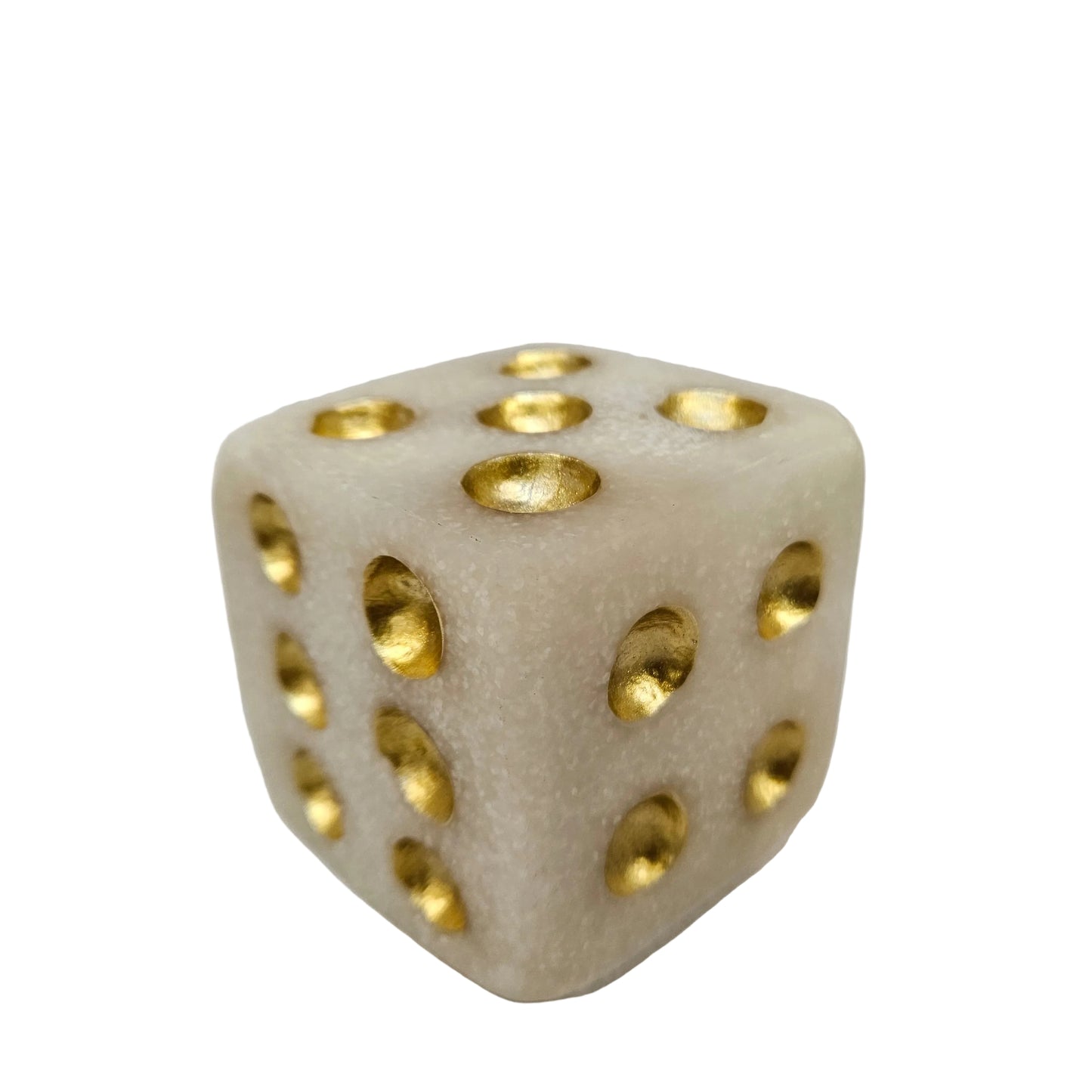 Resin dice is crafted with a white marble dust -look finish and indented golden