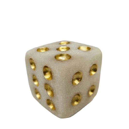 Resin dice is crafted with a white marble dust -look finish and indented golden