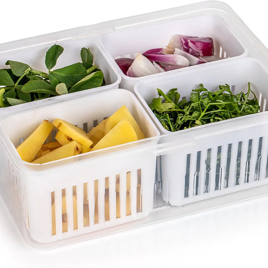 Divided Serving Tray with 4 Compartments Reusable Veggie Charcuterie Container Portion Control Salad Keeper Removable Boxes Stackable Refrigerator Organizer Fruit Nuts Food Storage Container