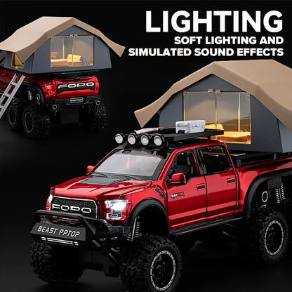 Ford Raptor F150 Camping RV Model Car with Box, Zinc Alloy Pull Back Toy car with Sound and Light for Kids Boy Gift