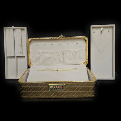 Luxurious Gold Jewelry Box with Combination Lock, Textured Pattern Storage Case, Beige Velvet Interior, Multiple Compartments for Rings, Necklaces