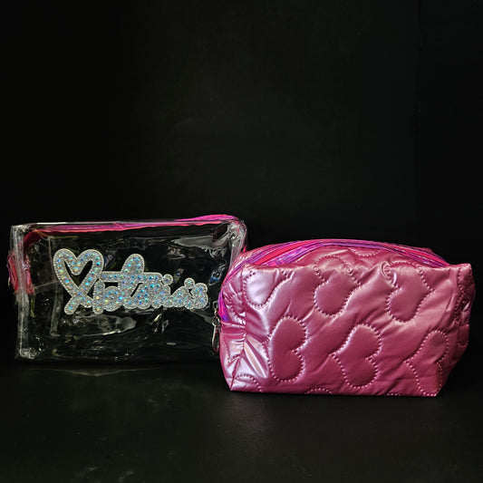 2 pieces set Makeup Pouch with Chenille Varsity Letter Patch, Skin Care Travel Bag Organizer for Girls, Make Up Skincare Cosmetic Zipper Stuff Bags for Women