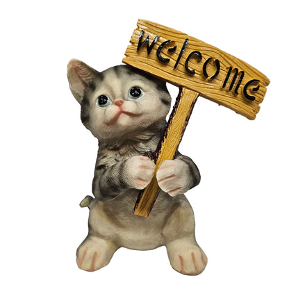 Outdoor Statue Decor Welcome Board Cat Garden Sculpture Lawn Kitten Figurine