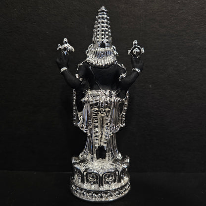 India Lord Tirupati Balaji Silver Plated Black Idol with Golden Jewelry Work Balaji Idol for Car Dashboard Venkateswara Swamy Murti for Home Srinivasa Statue for Mandir