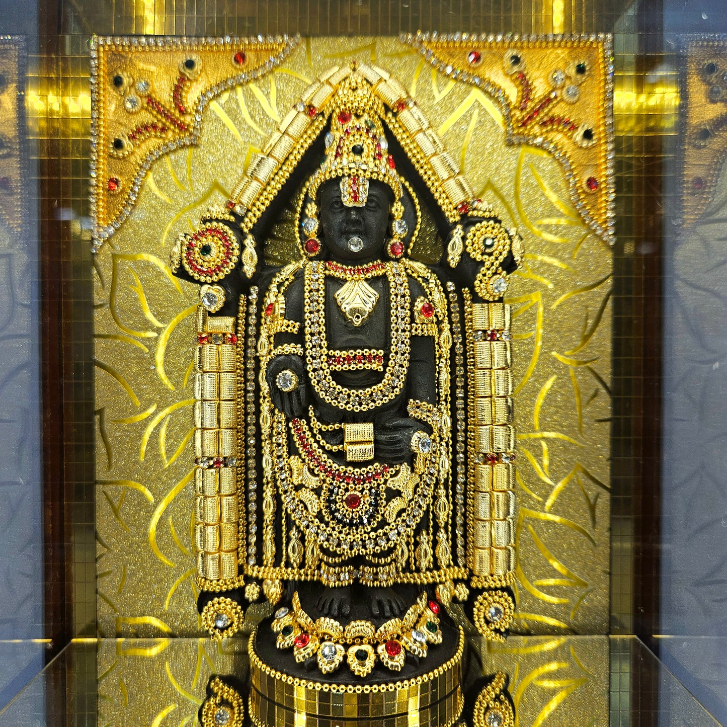 24carats gold Plated Balaji Idol Decorated with attractive stones designed Statue showpiece in transparent protective cabin