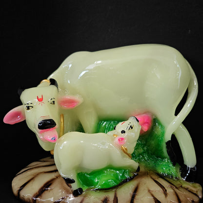 Cow With Calf Statue in Marble Dust, Holy Cow Idol, Showpiece for Home Decor, Handmade Divine Cow, Mother Cow with Baby Calf, kamdhenu