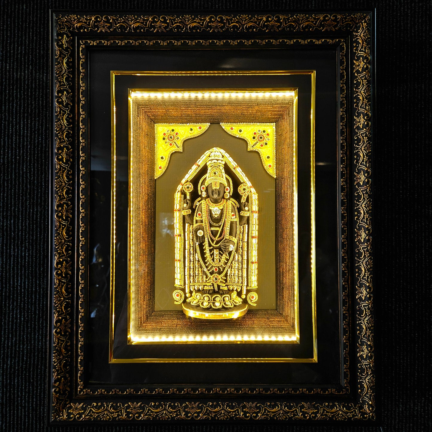 Lord Balaji decorated with stones lighting photo frame in a wooden Box