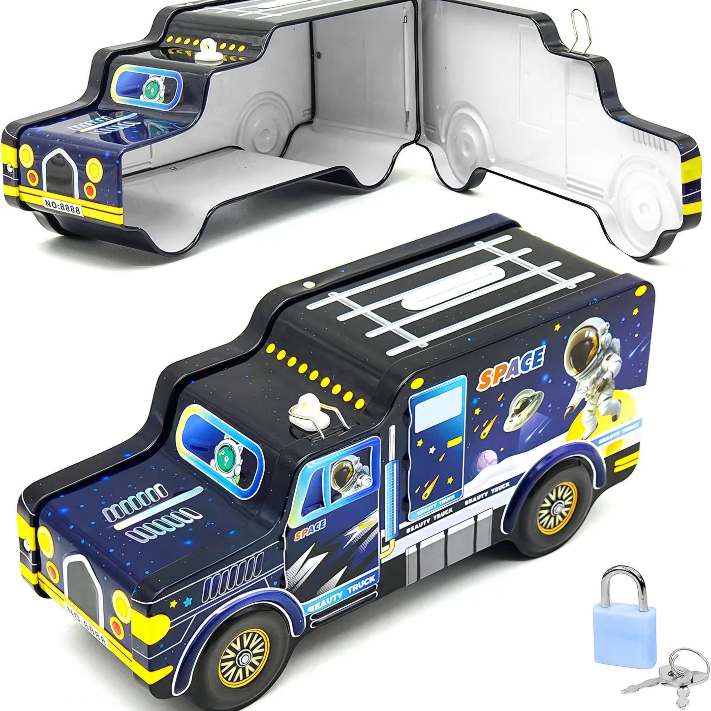 Space Theme Metal Bus Piggy Bank Toy for Kids - Cute Money Safe with Lock and 2 Keys - Gullak Coin Box Gift for Boys and Girls