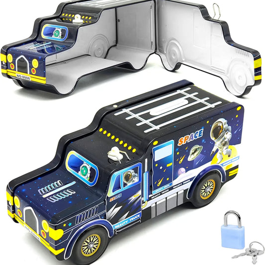 Space Theme Metal Bus Piggy Bank Toy for Kids - Cute Money Safe with Lock and 2 Keys - Gullak Coin Box Gift for Boys and Girls