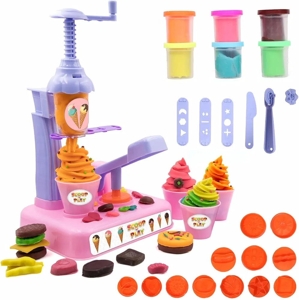Scoop 'n' Play Clay Dough Ice Cream Maker Set for Kids, Safe Non-Toxic Dough Ice Cream Maker Including 6 Color Clay Dough Tubes Each 50g for Boys & Girls, Above 3+ Age -Multicolour