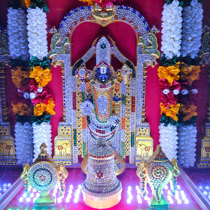 Tirupati Balaji,crown,Shank&Chakra decorated with attractive stones,slokam & multi colour lighting Cabin idol perfect for Marriage gifting,house warming