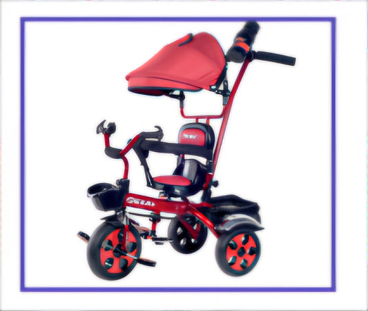 Dash star hexa super tricycle with canopy hood for sun protection,parental rod for movement,removable safety handrest,trin trin bell,360 degree rotating seat,front & rear Basket for storage,cushion seat for comfortable experience