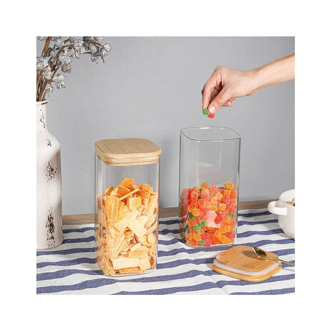 1580 Ml Square Wooden Lid,Glass Jar Food Storage Containers Set,Airtight Food Jars With Kids Kitchen Canisters For Sugar,Candy,Cookie,Rice & Spice Jars