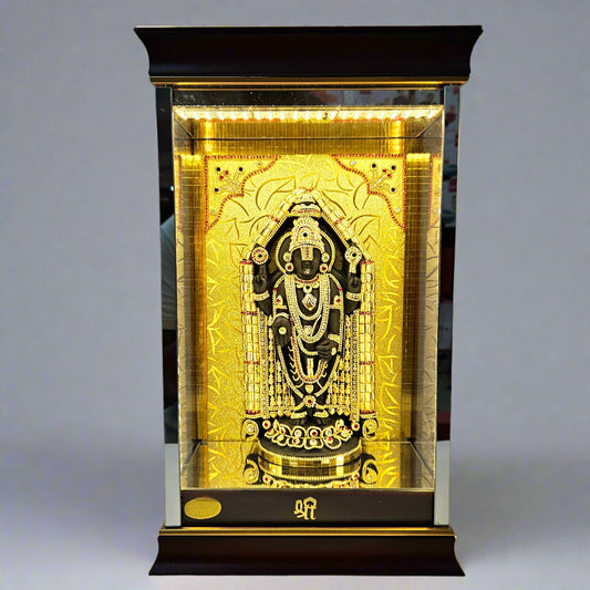 24carats gold Plated Lord Balaji Idol Decorated with attractive stones design Statue Showpiece in a transparent protective cabin