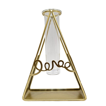 Triangular propagation station featuring a gold-finished metal holder and a single glass test tube vase
