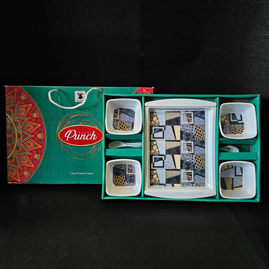 Kanch Punch 4 pieces bowl,4 Spoons & 1 tray set perfect for Return gifting