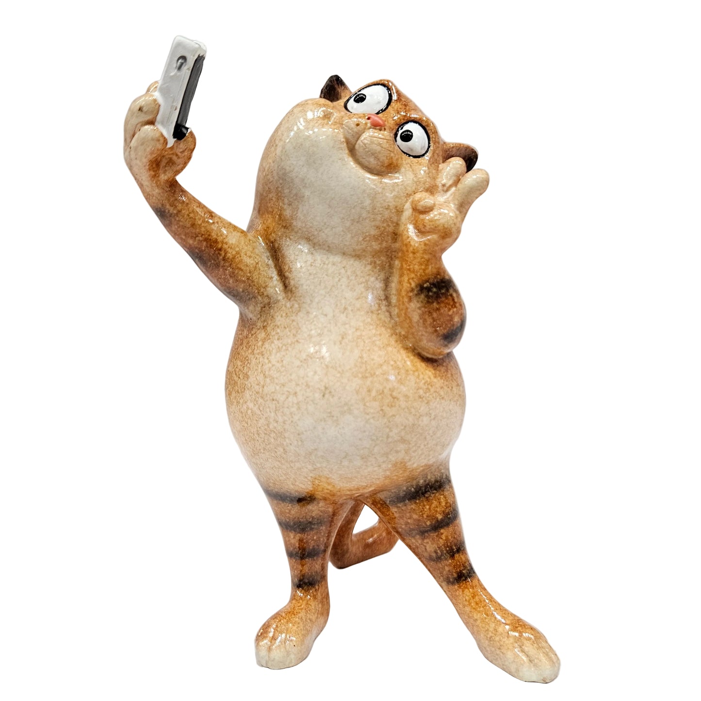 Ceramic Glazed Ginger Fat Cat Taking Selfie Ornament Figurine for Cat Lovers