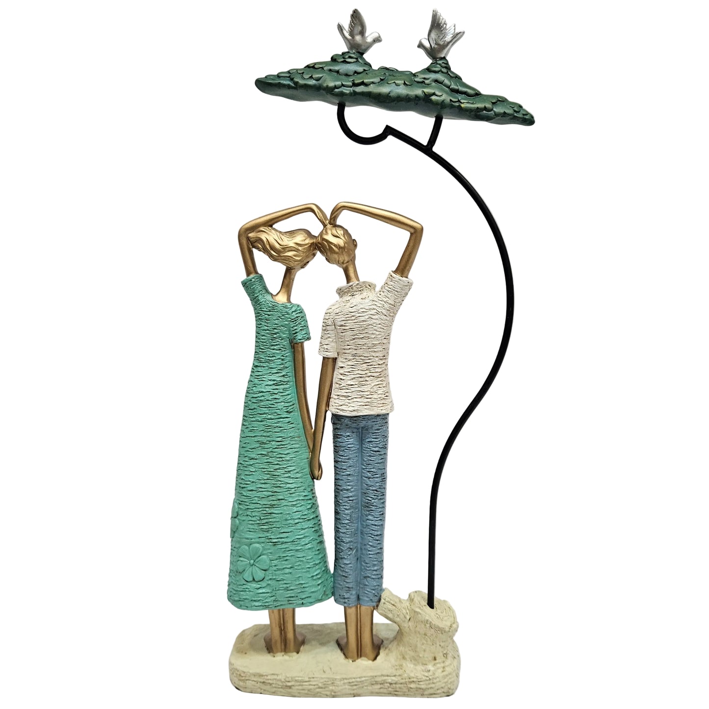 Graceful dancing couple figurine is crafted from resin and features a textured green and white finish Showpiece