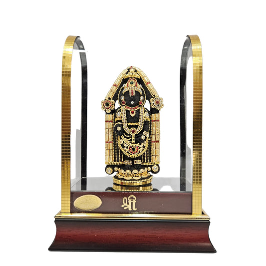 24 carats gold Plated Balaji Idol Statue Decorated with attractive stones designed in a transparent protective cabin
