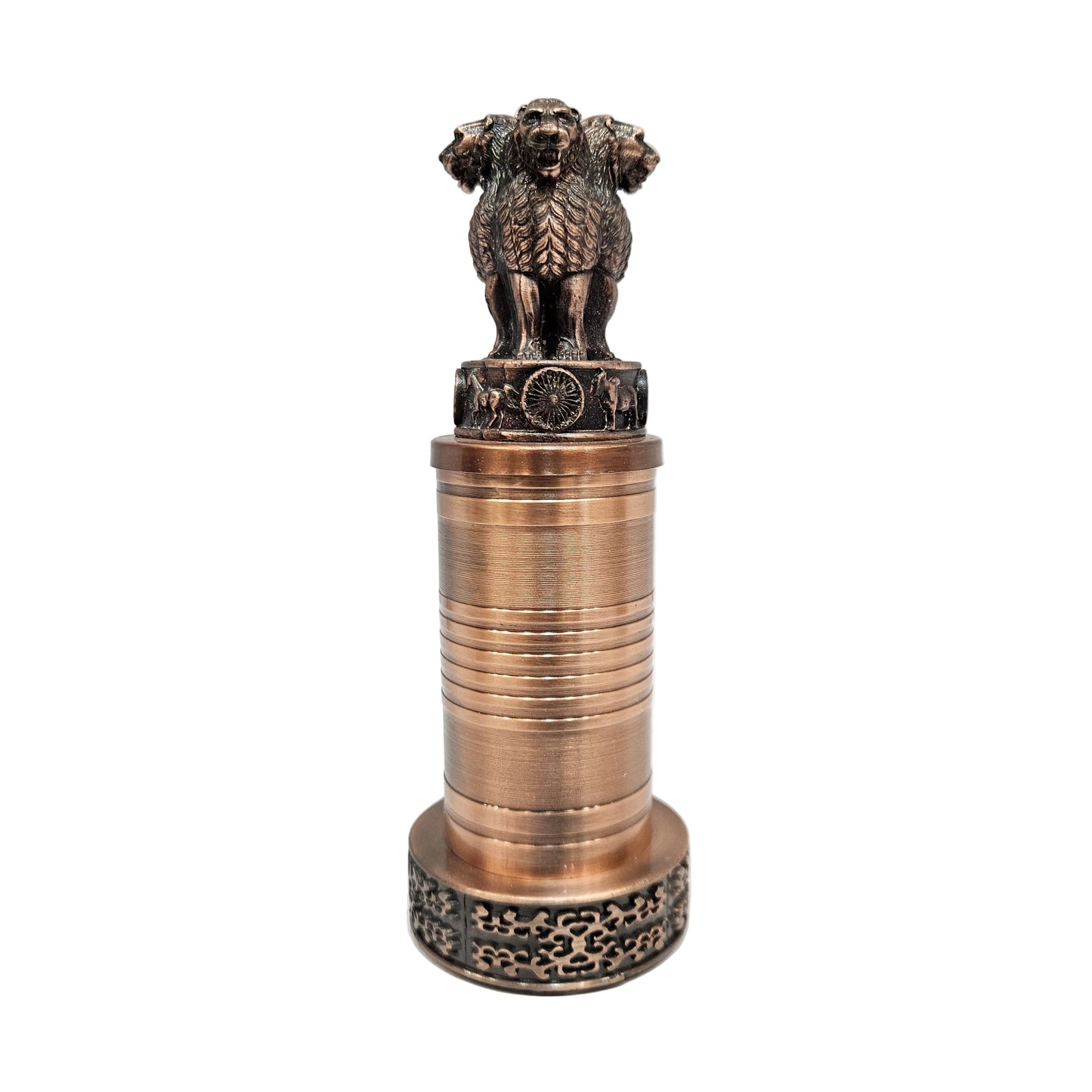 Metal showpiece features the Ashoka Stambh, the National Emblem of India, in an antique bronze finish