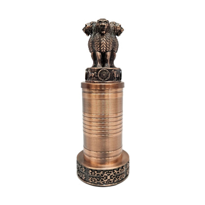 Metal showpiece features the Ashoka Stambh, the National Emblem of India, in an antique bronze finish