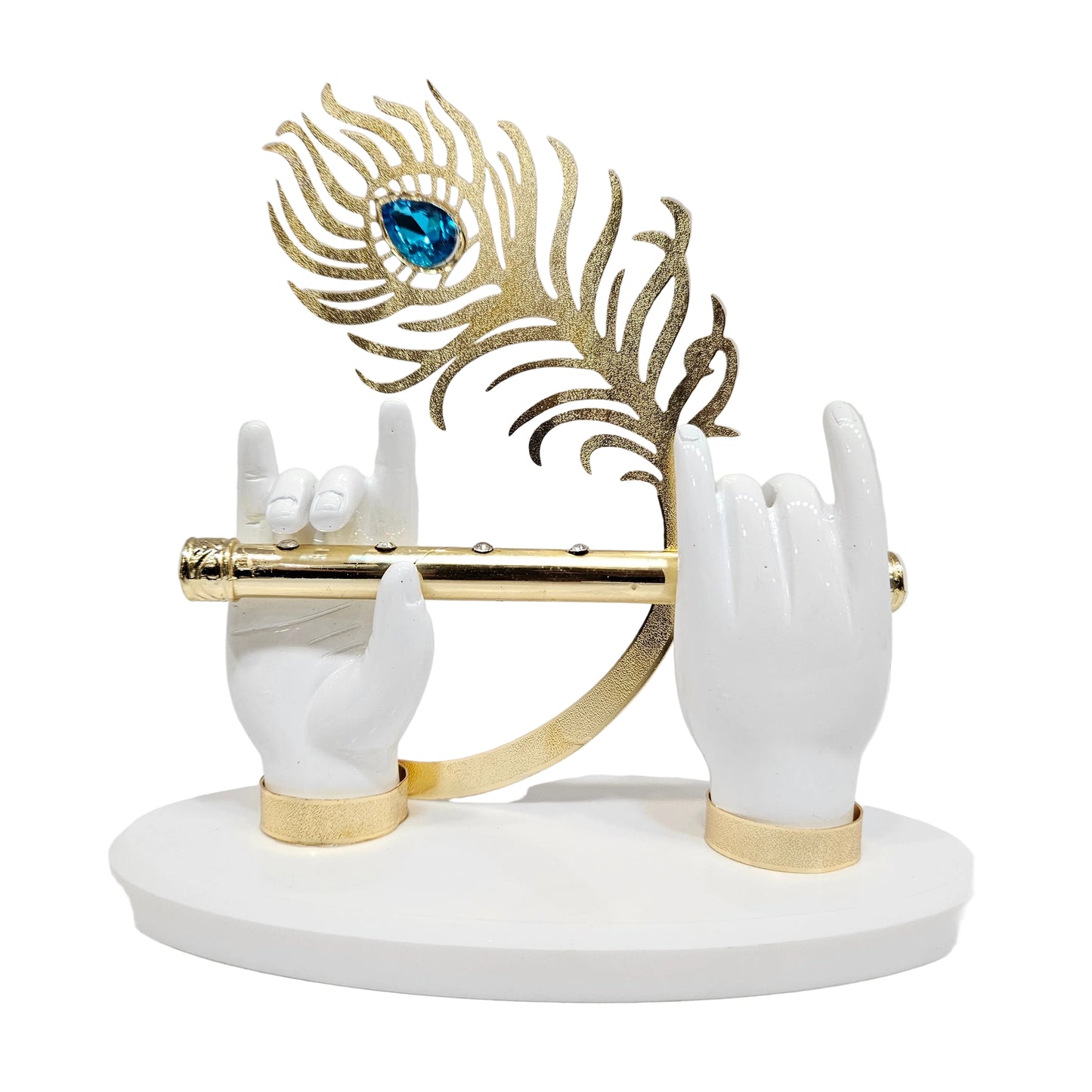Lord Krishna hand idol features white resin hands holding a flute and a prominent peacock feather Showpiece