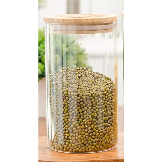 Airtight clear glass storage canister with wood lid food storage container jar with sealing bamboo lid for kitchen storage and multipurpose use