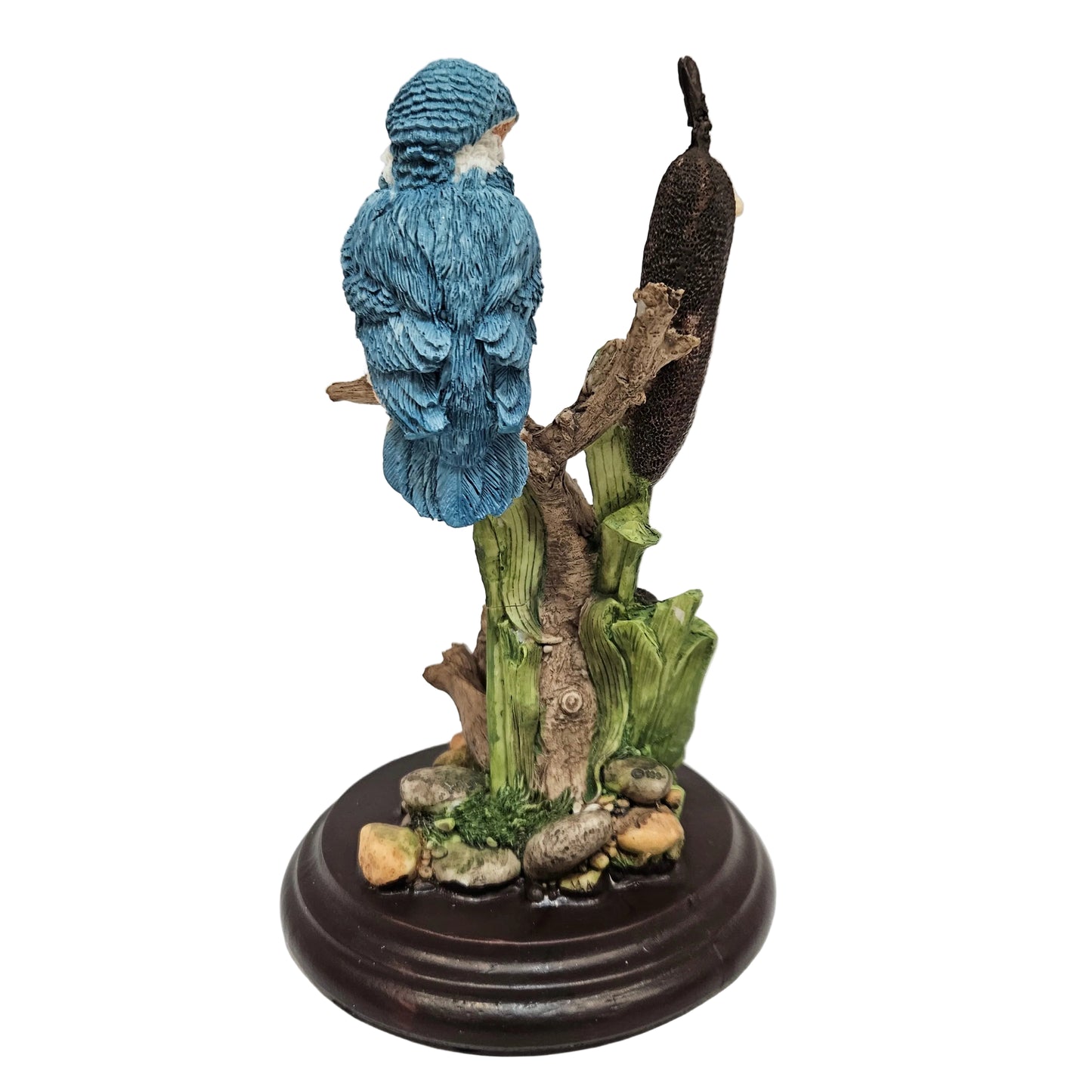 kingfisher statue features a vibrant blue and orange bird perched on a log with reeds Showpiece Figurine