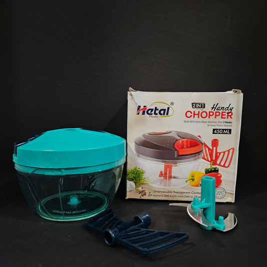 Hetal plastic 2 in 1 Handy Chopper made with extra sharp Stainless Steel 3 blades & heavy plastic material with 450ml capacity unbreakable transparent container