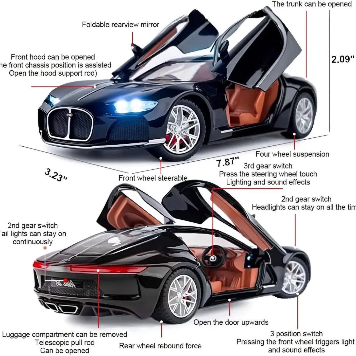 Bugatti Atlantic Model Car Sports Car Exclusive Alloy Metal Pull Back Die-Cast Car Diecast Metal Pullback Toy Car with Openable Doors & Light Music Toys for Kids - Black