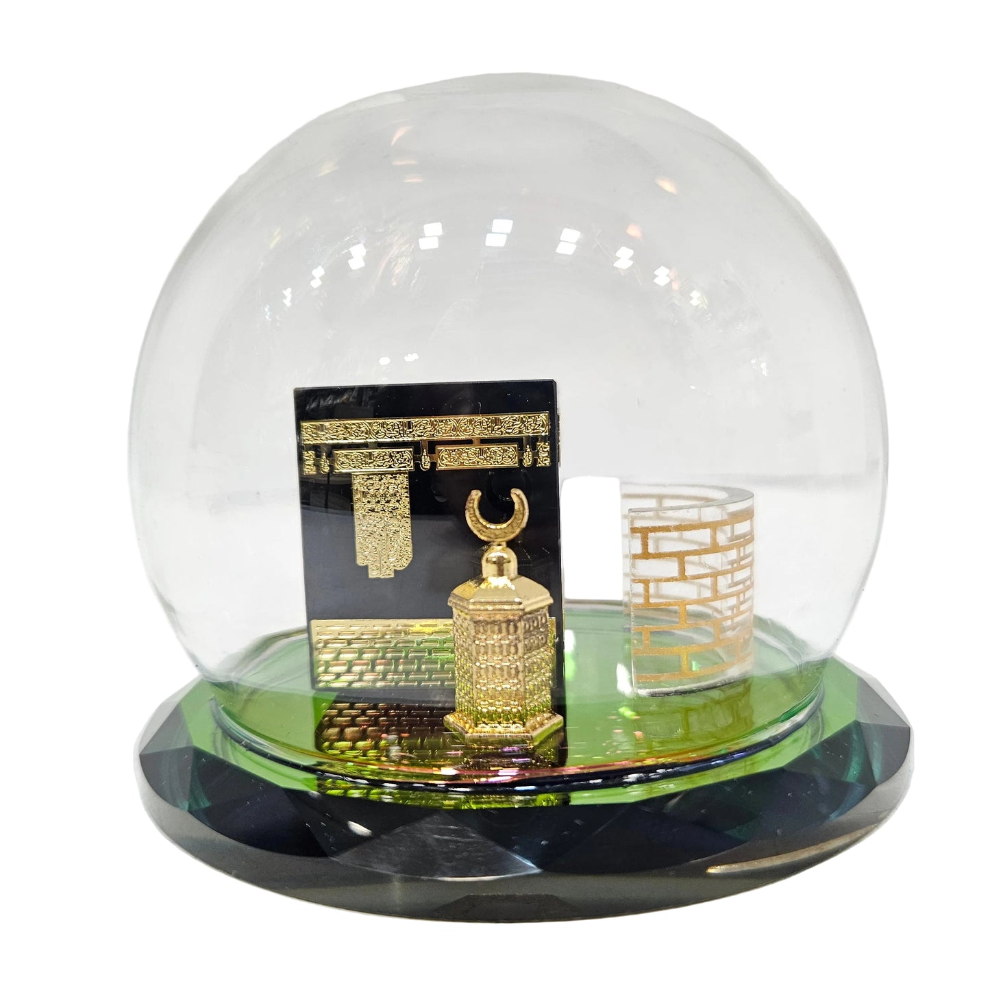 Elegant Kaaba & Maqam Ibrahim Miniature Showpiece in Glass Dome | Islamic Home Decor | Spiritual Tabletop Display with Gold Detailing