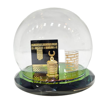Elegant Kaaba & Maqam Ibrahim Miniature Showpiece in Glass Dome | Islamic Home Decor | Spiritual Tabletop Display with Gold Detailing