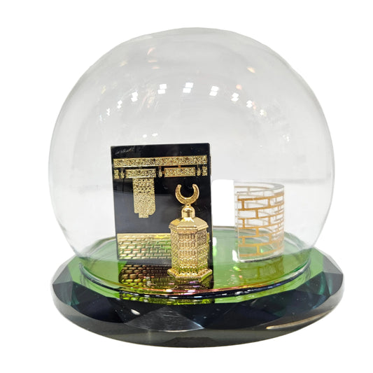 Elegant Kaaba & Maqam Ibrahim Miniature Showpiece in Glass Dome | Islamic Home Decor | Spiritual Tabletop Display with Gold Detailing