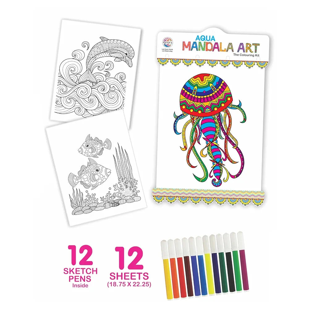 RATNA'S Aqua Mandala Art Colouring Kit - 20 Sheets with 12 Sketch Pens Inside - Creative Coloring Fun for All Ages